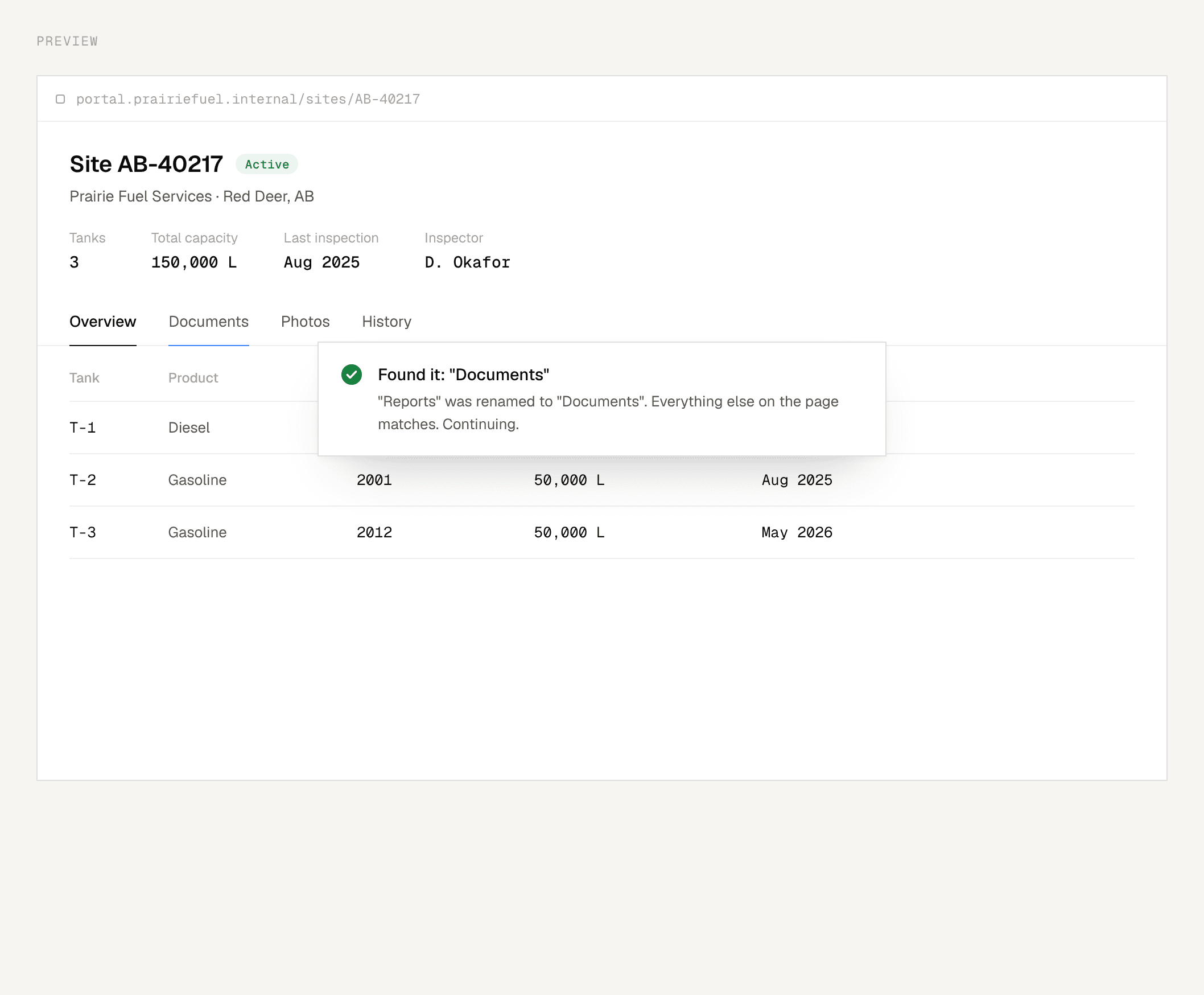 The records portal renamed a tab. The runbook finds it under its new name and continues.